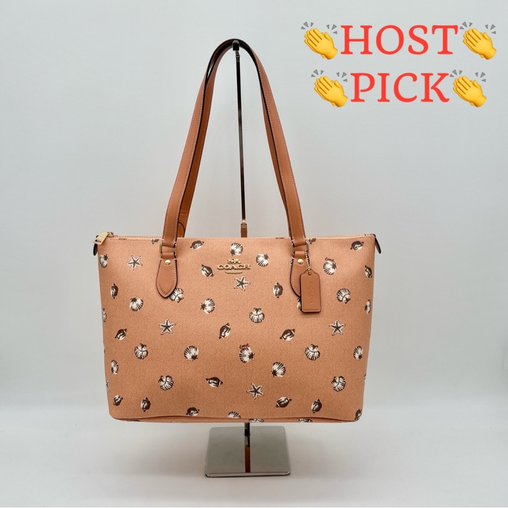 Coach Gallery Tote Bag With Shell Print Coral Sunrise